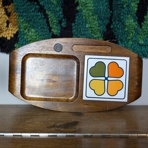 Vintage MCM Wood Serving Tray w Ceramic Clover Tile Made in Japan Retro Barware